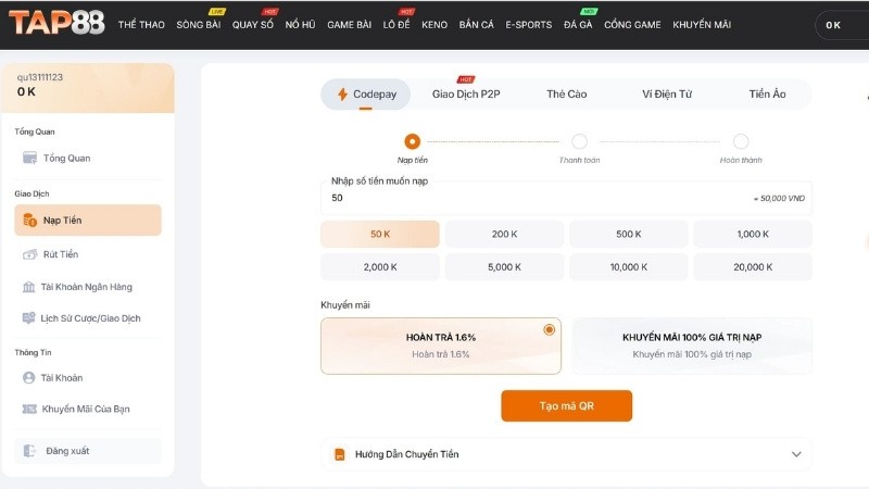 Quy trình thực hiện nạp tiền TAP88 siêu nhanh